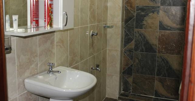 Double Room bathroom basin with slate-tiled walls